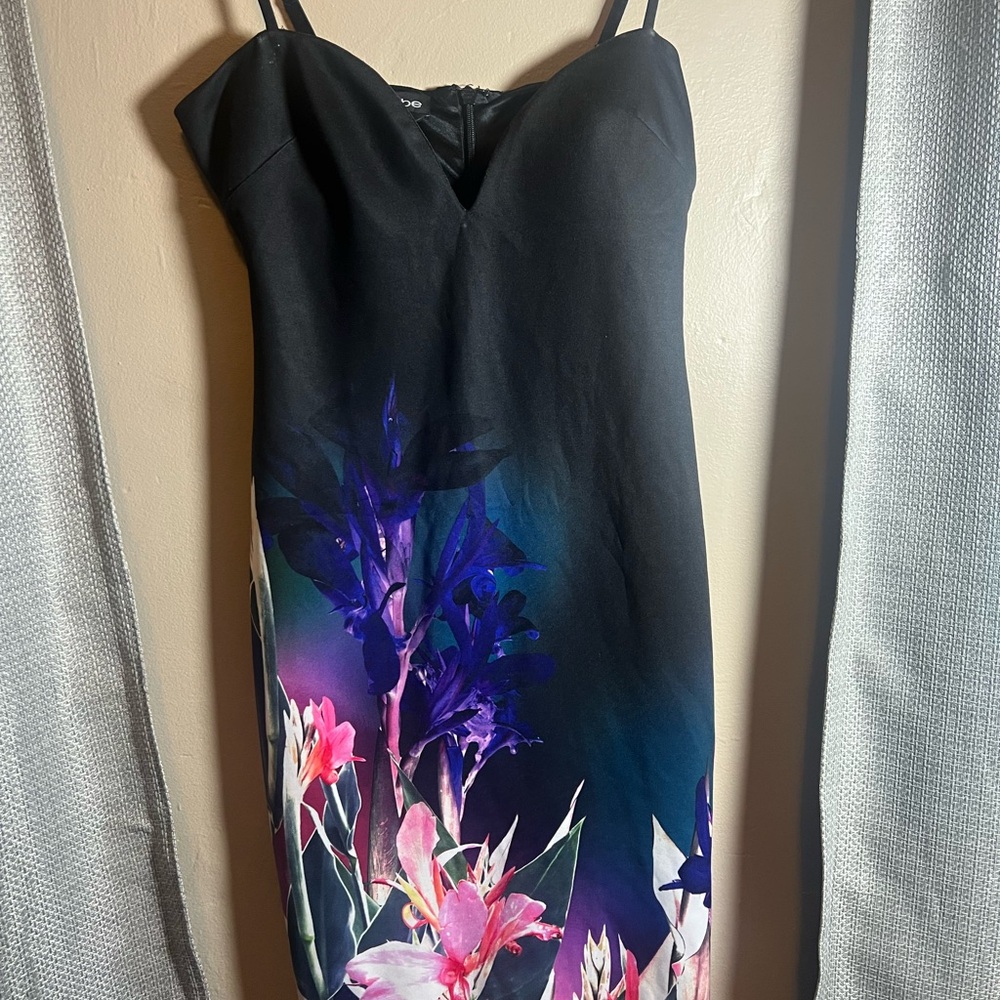 Bebe Black Dress with Purple and Pink Floral Design
